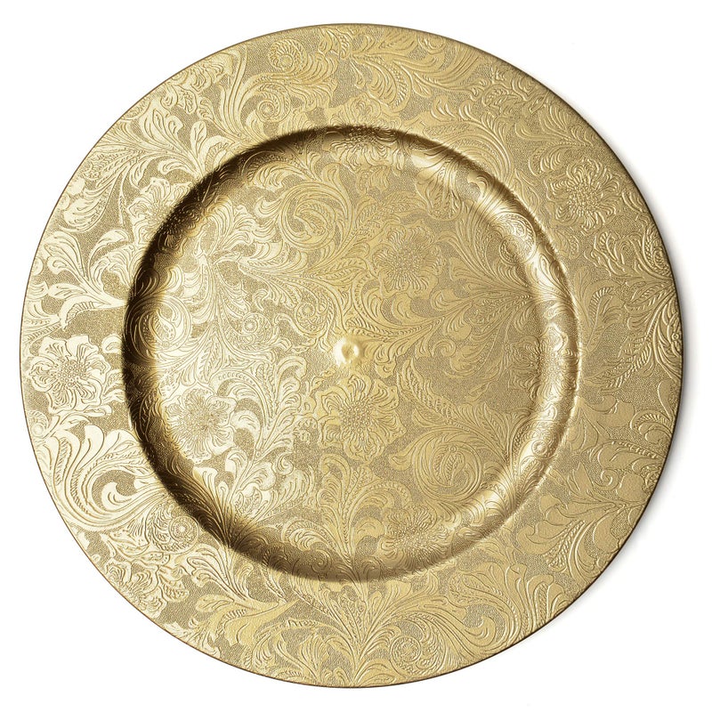 CHATEAU FINE TABLEWARE Gold Floral Charger Plates - 13-Inch Elegant Chargers - Set of 6 - For Small to Regular-Size Dinnerware & Soup Bowls - Suitable for Weddings, Parties, Anniversary, Thanksgiving - Image 1